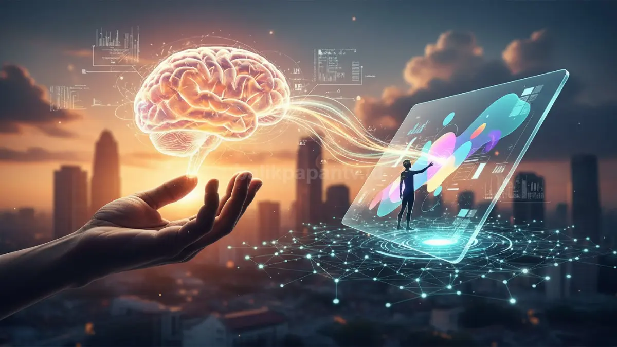 Ilustrasi seseorang menggunakan generator AI gambar sambil membuat ide kreatif di komputer