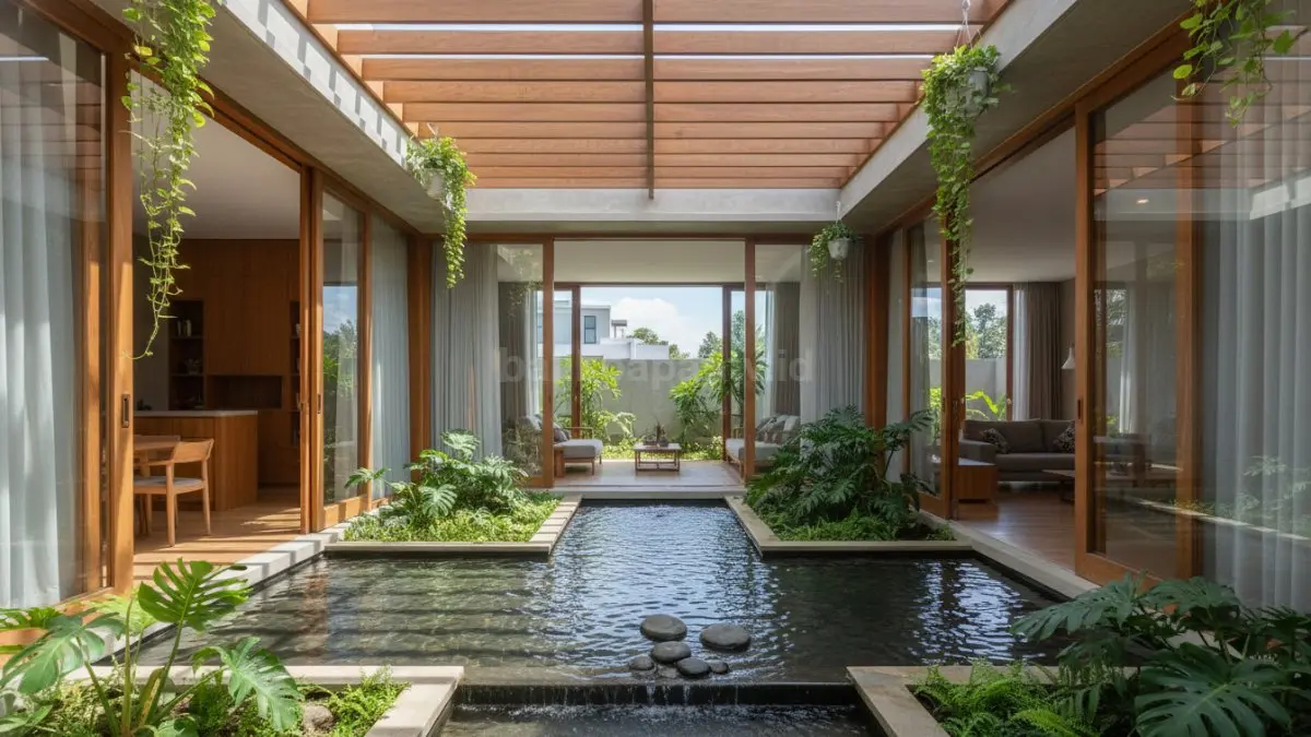 Inner garden dengan kolam reflektif memadukan air dangkal dan tanaman hijau sebagai pusat visual. Selain memberi kesan estetik, elemen ini membantu menurunkan suhu ruang secara alami dan membuat suasana rumah terasa lebih segar.