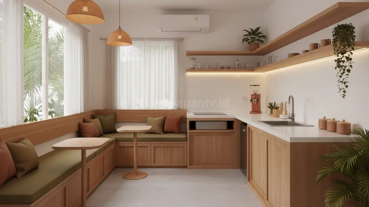 Interior cafe minimalis dengan seating built-in dan pencahayaan hangat yang nyaman