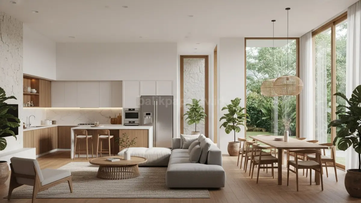 Interior rumah open space yang menggabungkan ruang tamu, dapur, dan ruang makan tanpa sekat, menciptakan kesan luas sekaligus mendukung interaksi antar penghuni dengan tata zonasi yang rapi.