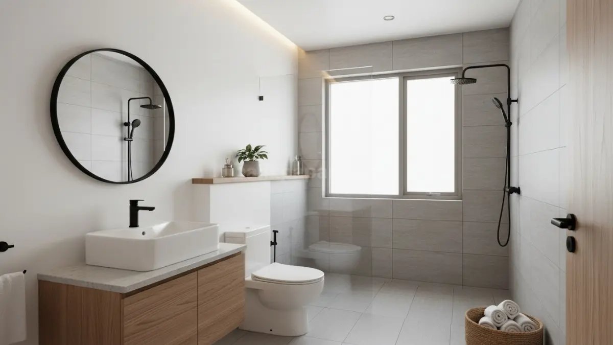Kamar mandi modern minimalis dengan pencahayaan alami dan desain bersih