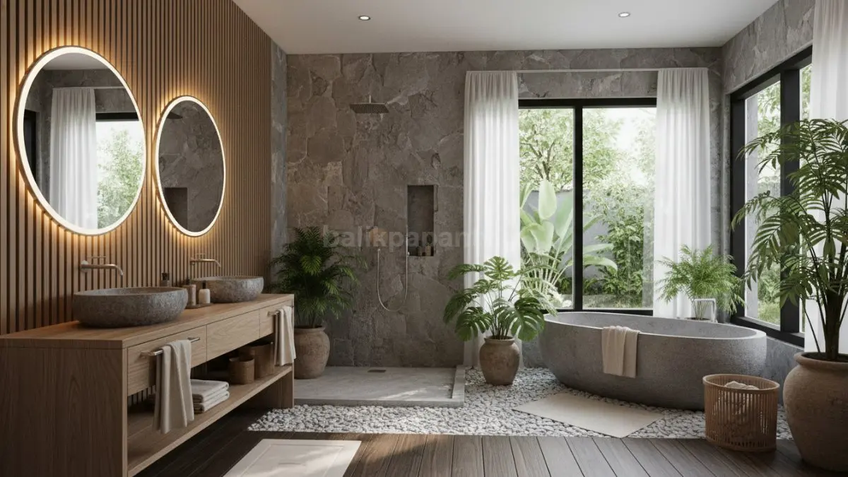 Kamar mandi natural dengan sentuhan material alam