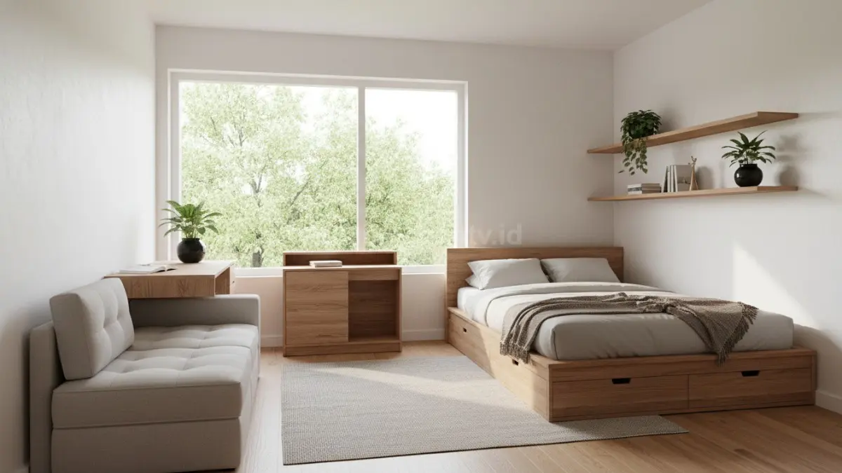 kamar minimalis modern dengan pencahayaan alami dan furnitur multifungsi
