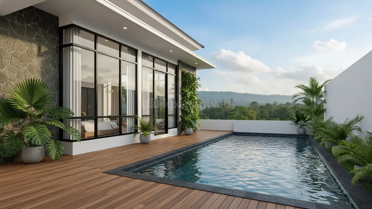 Kolam dengan deck kayu menghadirkan nuansa hangat ala villa melalui kombinasi air dan material alami. Kayu ulin sering dipilih karena tahan cuaca dan cocok untuk area lembap, sekaligus memberi kesan elegan dan nyaman.