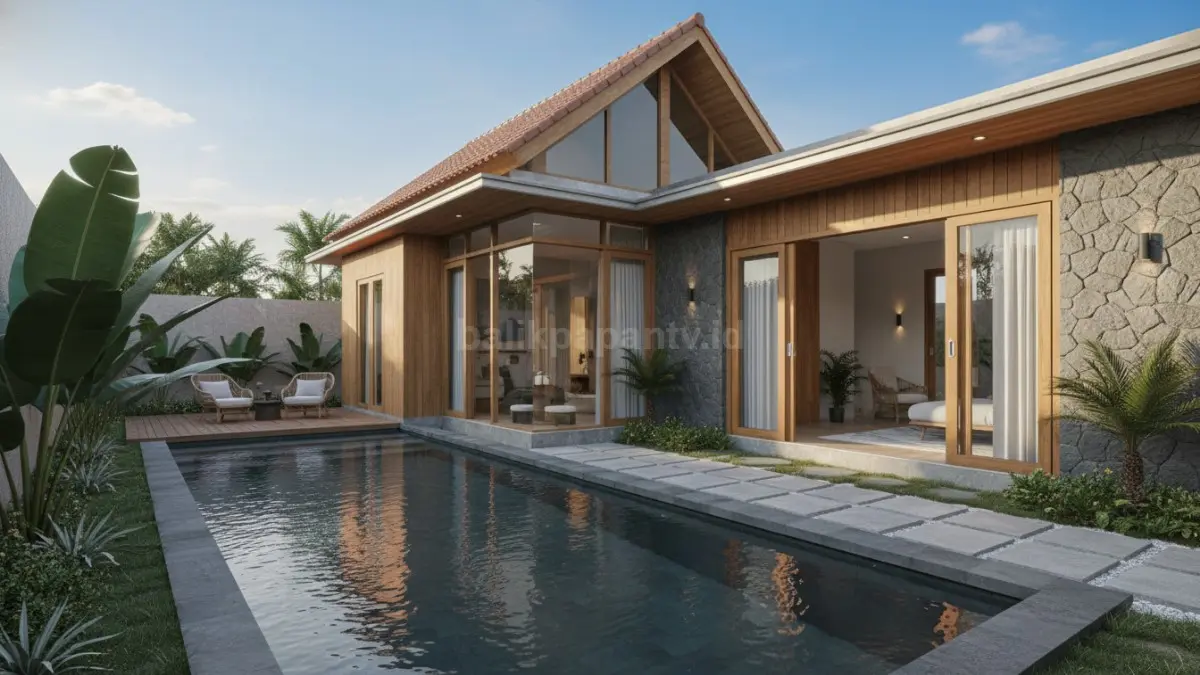 Kolam linear di samping rumah memanjang mengikuti sisi bangunan. Meski ukurannya terbatas, efek visualnya membuat hunian terasa lebih panjang, rapi, dan aliran udara di dalam rumah jadi lebih lancar.