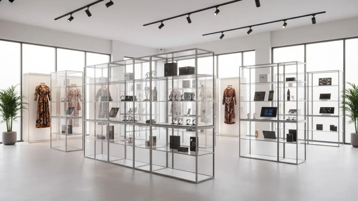  Lemari display modular transparan dengan frame ringan