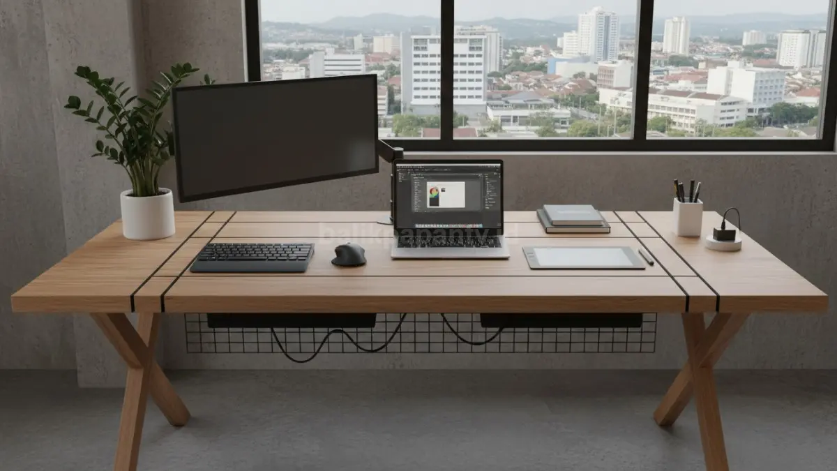 Meja kerja sistem grid minimalis modern dengan zona kerja terstruktur, laptop, dan tanaman indoor