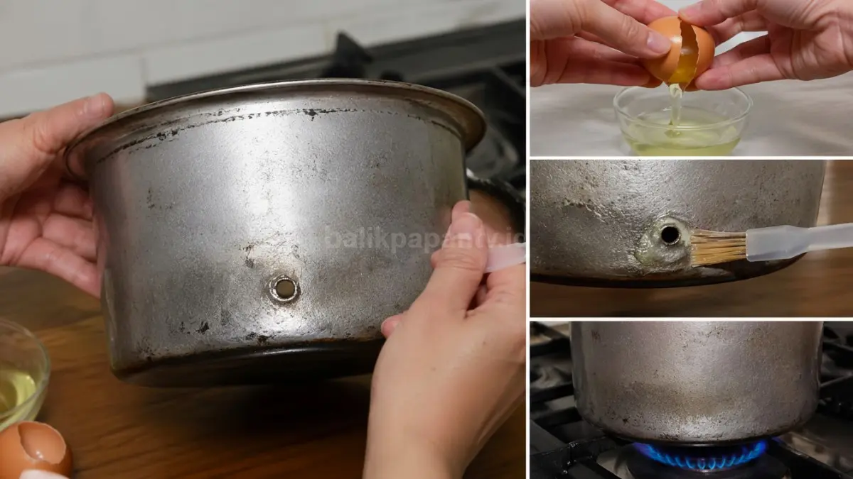 Menutup panci berlubang dengan putih telur.