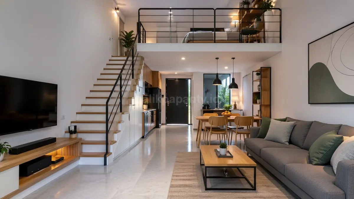 Rumah 5x10 Meter dengan mezzanine untuk tambahan ruang vertikal.