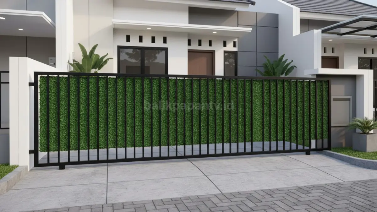 Pagar kombinasi besi dan rumput sintetis
