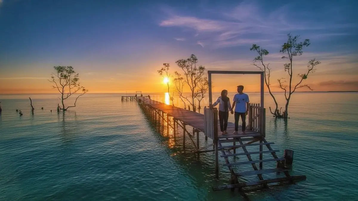 Panorama Pantai Serumpun Balikpapan Timur dengan pohon pinus dan suasana camping tepi pantai