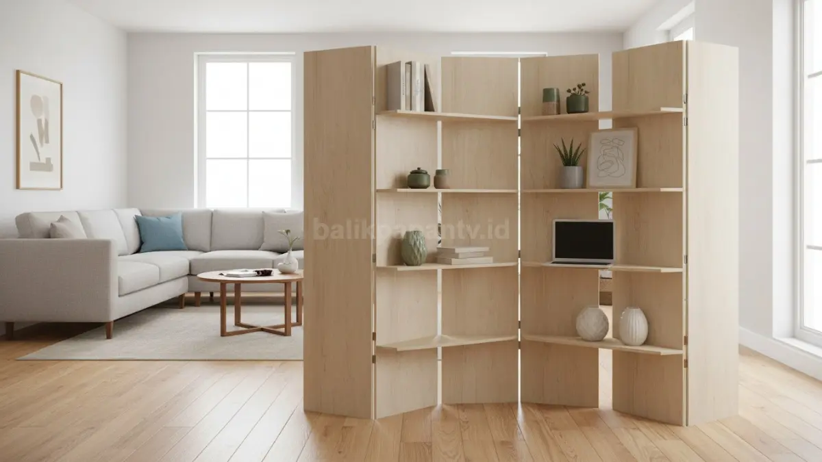 Partisi lipat multifungsi dengan rak built-in
