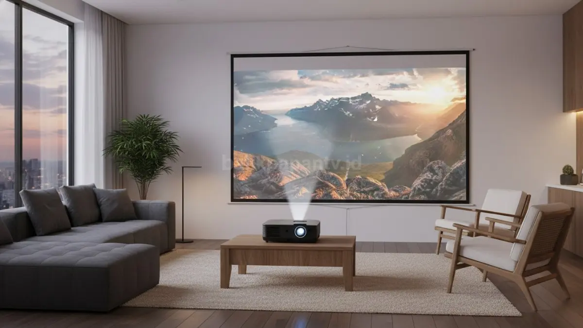Proyektor Portronics Beem 560 menampilkan layar lebar 100 inci di ruang tamu modern