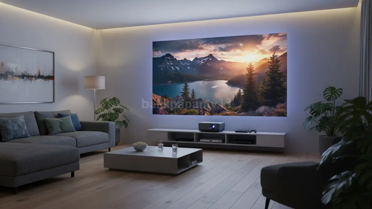 Proyektor Zebronics PixaPlay 77G menampilkan layar besar di ruang keluarga modern