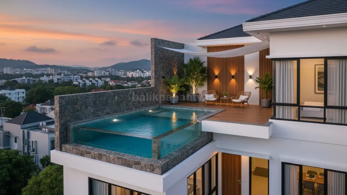 Rooftop dengan kolam mini memanfaatkan area atap sebagai ruang santai sekaligus elemen pendingin. Cocok untuk lahan terbatas, namun perlu perencanaan struktur yang kuat agar aman dan tahan beban air.