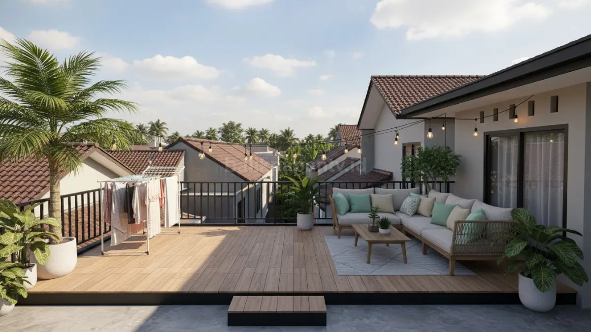 Rooftop rumah di gang sempit dimanfaatkan sebagai area jemur dan santai, menghadirkan ruang tambahan yang fungsional dan nyaman.