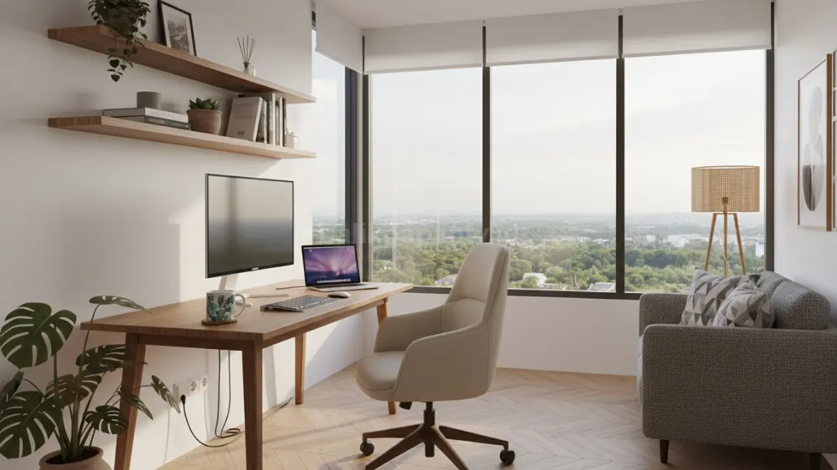 Ruang kerja pribadi minimalis modern dengan pencahayaan alami dan kursi ergonomis
