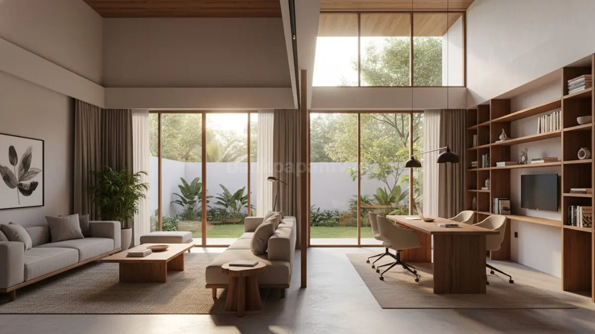 Ruang rumah modern dengan konsep terbuka, menggabungkan ruang keluarga dan area kerja dalam satu desain fungsional. Pencahayaan alami masuk maksimal, menciptakan suasana nyaman sekaligus mendukung aktivitas harian yang fleksibel.