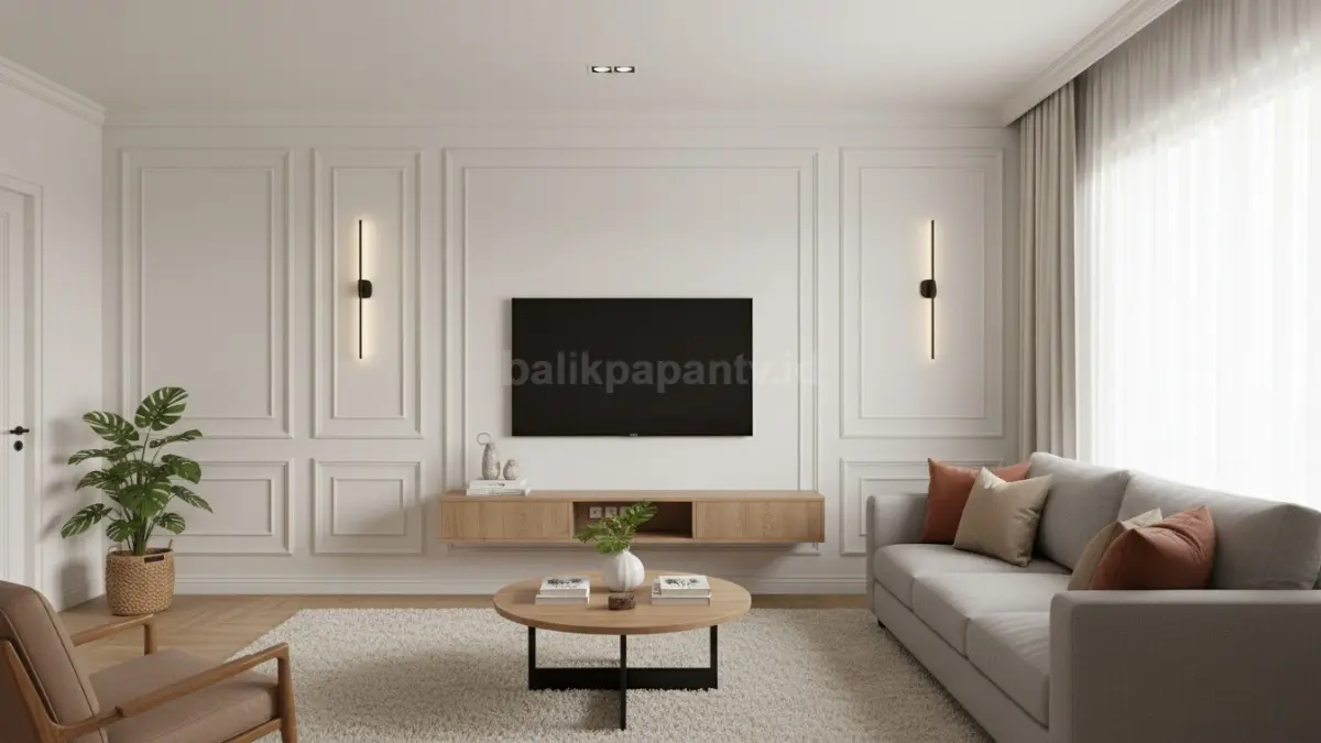 Ruang tamu kecil dengan wall moulding putih minimalis dan pencahayaan hangat
