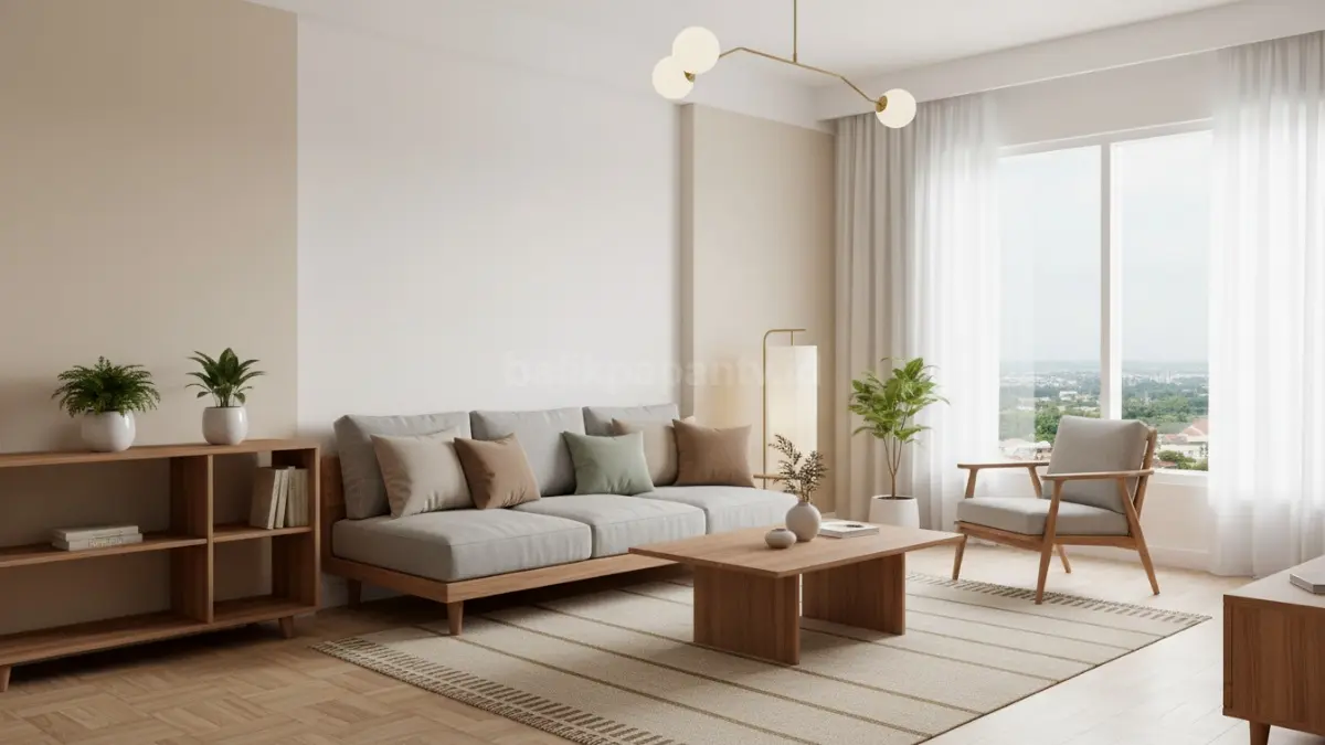Ruang tamu minimalis dengan furnitur japandi sederhana dan warna netral