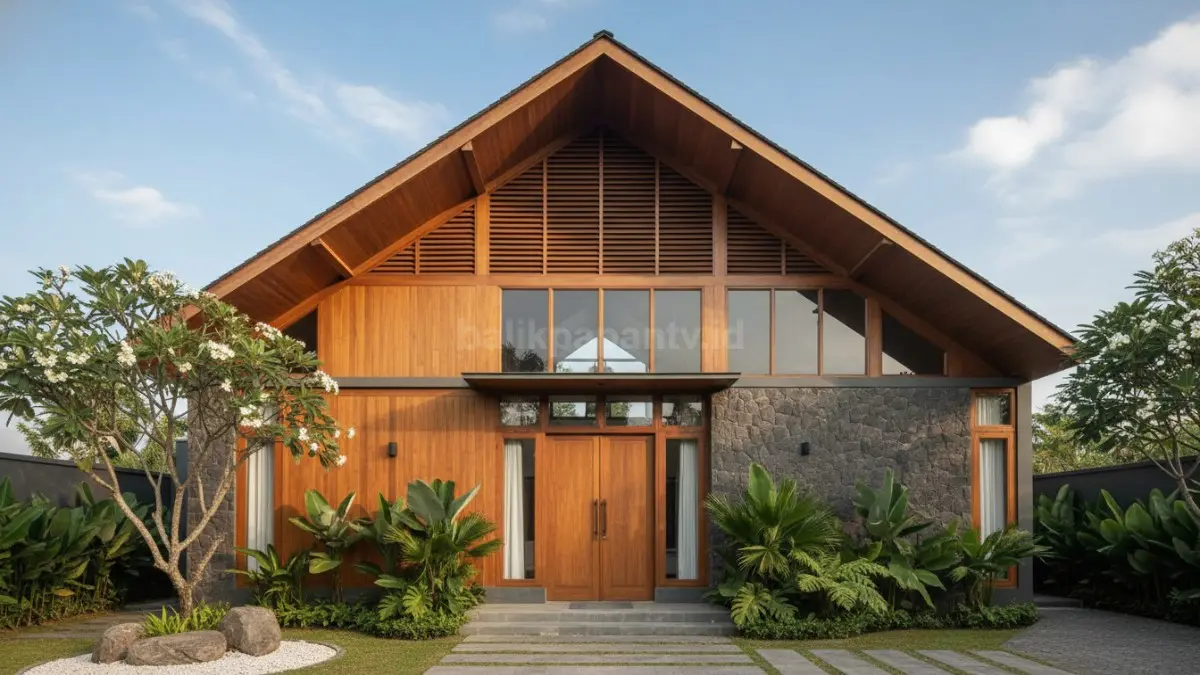 Rumah minimalis tropis dengan atap tinggi dan ventilasi besar, dipadukan material kayu serta batu alam yang membantu sirkulasi udara lancar dan menjaga suhu ruang tetap sejuk di iklim panas.
