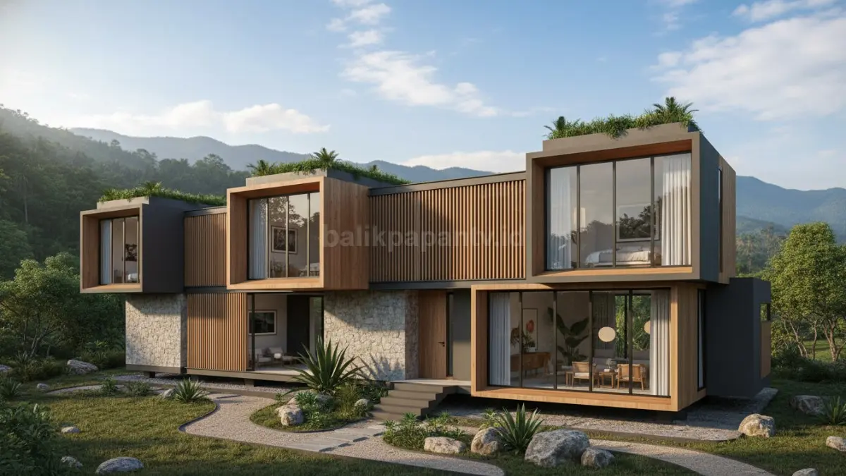 Rumah modular dengan struktur unit terpisah yang bisa ditambah atau dikurangi, dirancang fleksibel mengikuti kebutuhan penghuni serta mempercepat proses pembangunan dibanding metode konvensional.