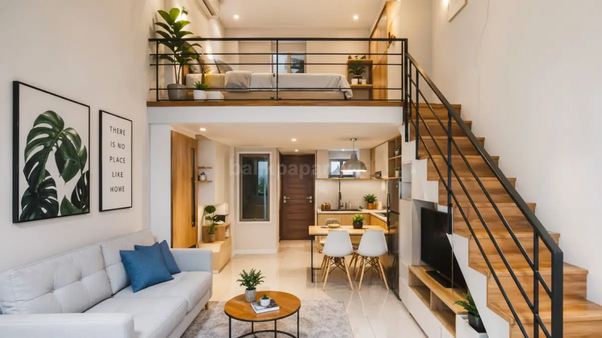 Rumah tipe 21 dengan mezzanine sebagai kamar tambahan.