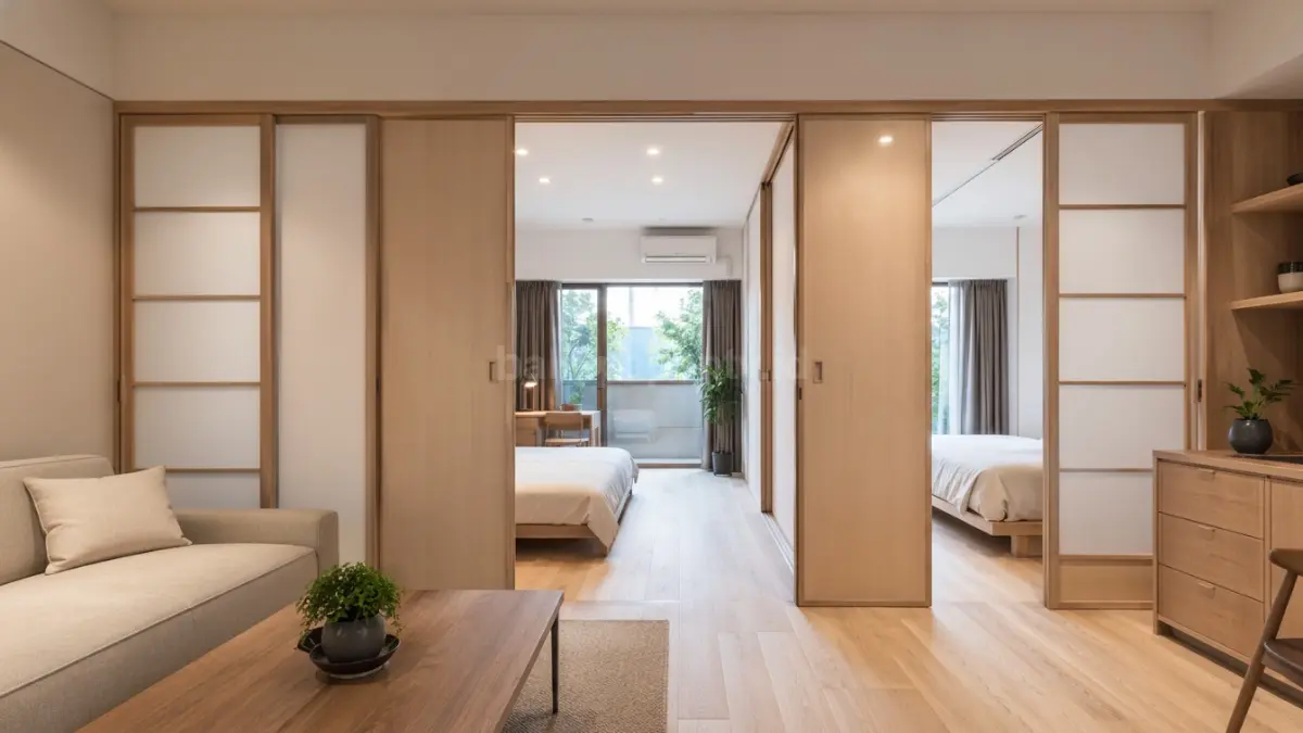 Rumah tipe 21 dua kamar model layout memanjang dengan sekat geser.
