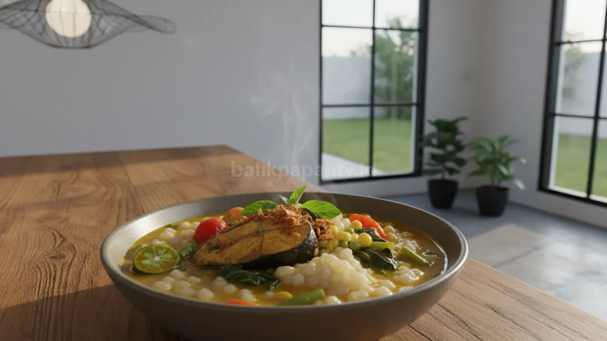 Semangkuk kapurung dengan kuah ikan dan sayuran segar, tampilan tradisional yang menggugah selera

