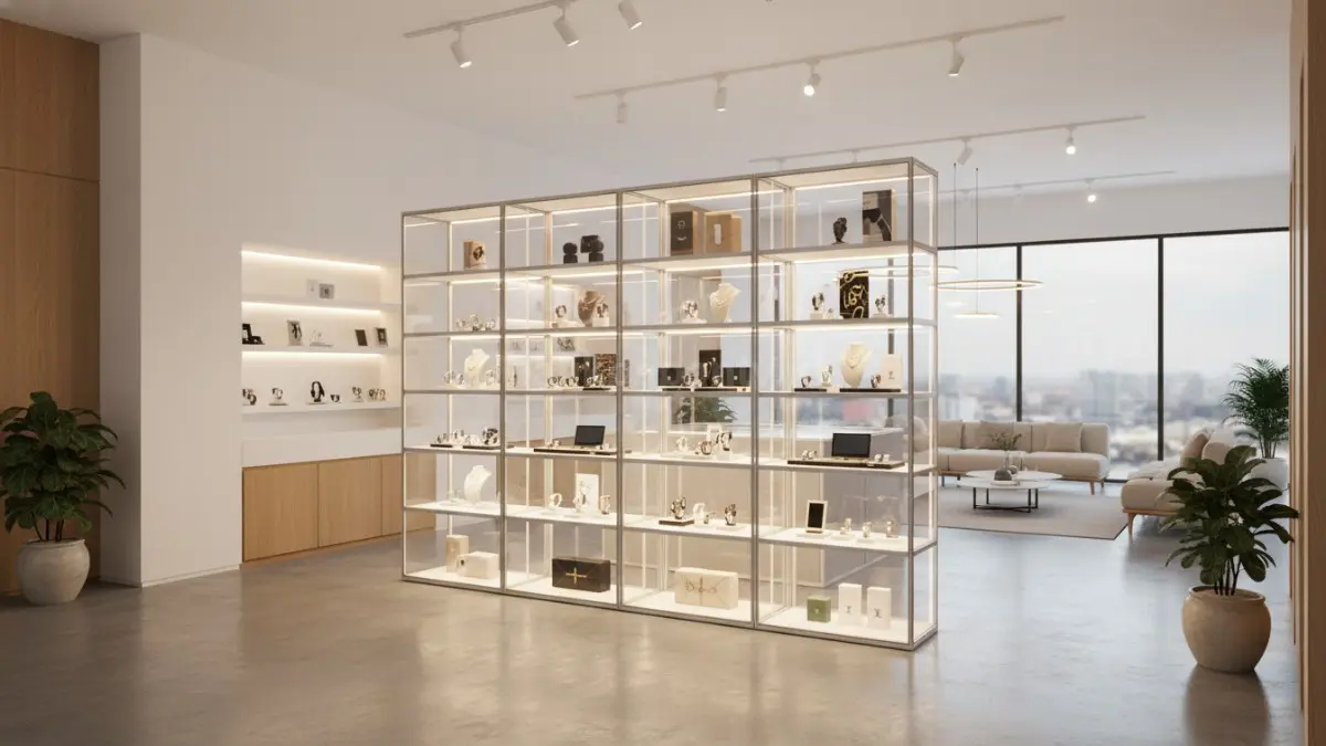 Showroom minimalis modern dengan lemari display modular transparan dan pencahayaan hangat