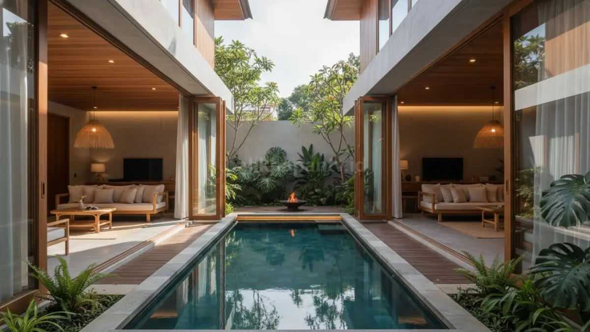 Open space dengan pintu kaca geser membuat ruang dalam langsung terhubung ke area kolam mini. Cahaya alami masuk maksimal saat siang, sementara suasana malam terasa hangat dan nyaman. Rumah jadi terlihat lebih luas, terang, dan menyatu dengan elemen luar.