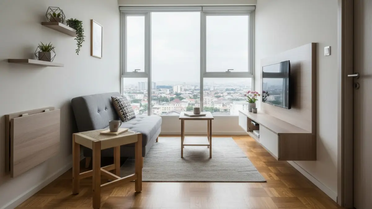 Stool minimalis modern di ruang tamu kecil, solusi hemat ruang yang stylish