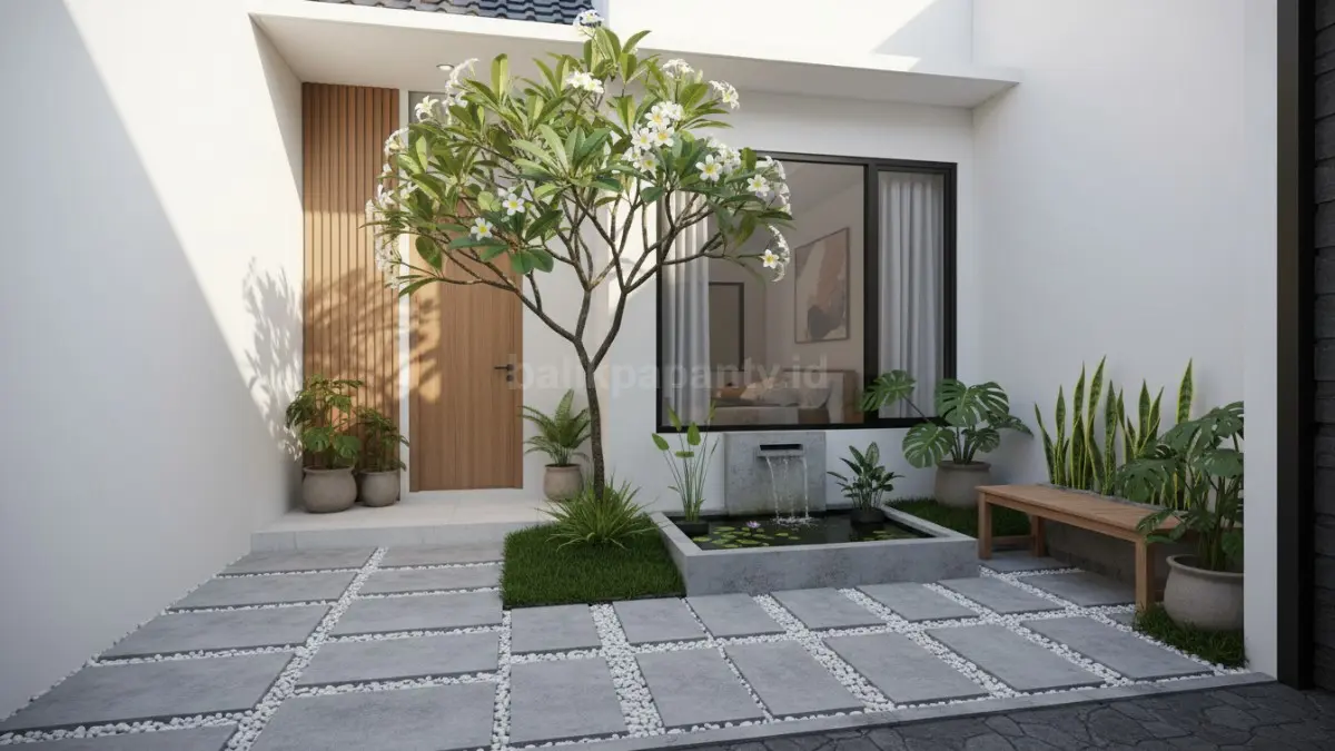 taman depan rumah minimalis lahan sempit dengan desain modern yang rapi dan hijau