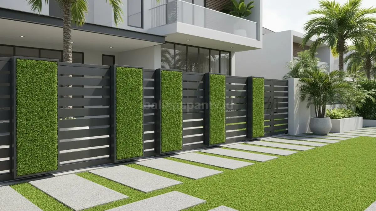 Tampilan pagar rumah dengan rumput sintetis modern yang segar dan estetik
