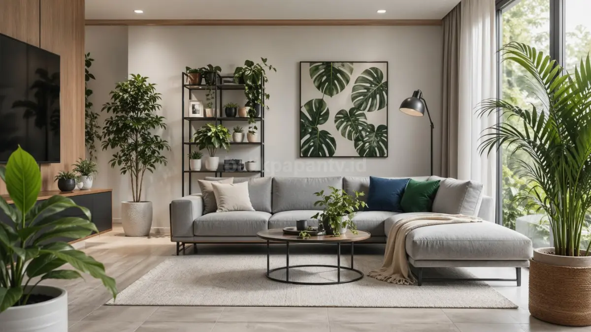Tanaman hias indoor di ruang tamu modern membantu udara terasa segar dan nyaman.