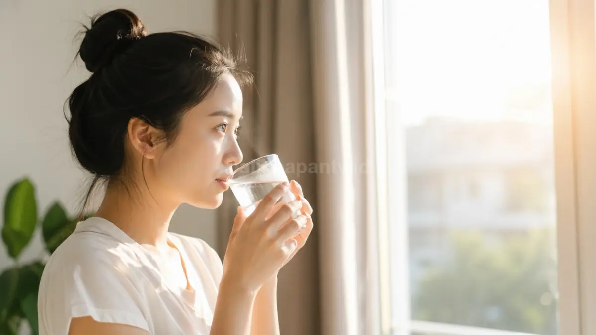Wanita minum air hangat di pagi hari dengan cahaya matahari masuk jendela.