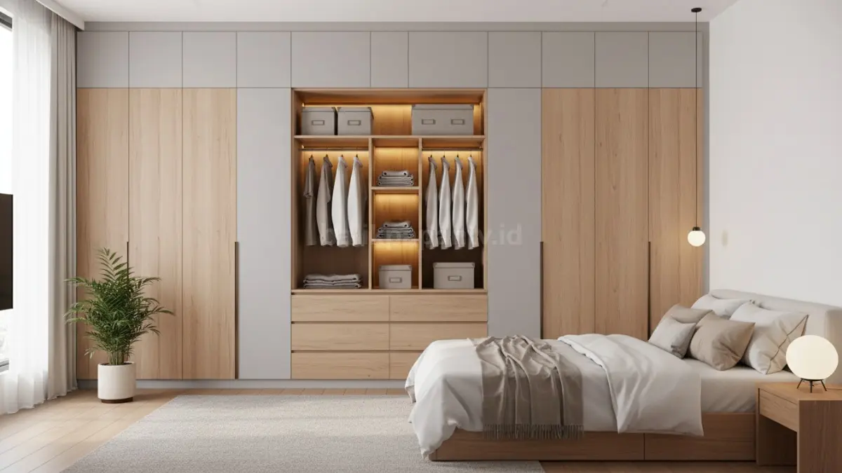 Wardrobe modern minimalis dengan pintu geser dan pencahayaan LED