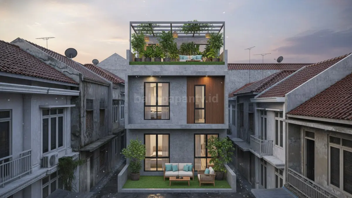 Rooftop dengan taman kecil memanfaatkan atap sebagai ruang hijau dengan tanaman pot dan rumput sintetis. Selain memberi tampilan estetik, elemen ini membantu menurunkan suhu rumah secara alami. Di lingkungan panas, area ini juga jadi tempat santai yang nyaman sambil menikmati udara terbuka.