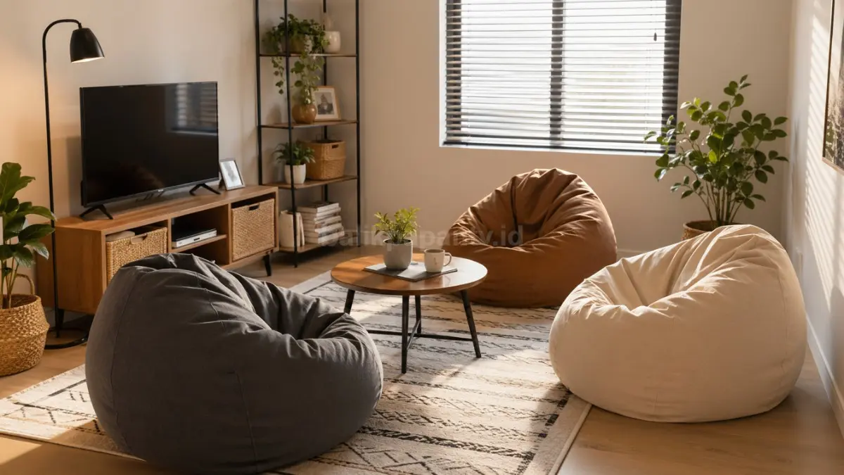 Ruang tamu kecil tanpa sofa dengan bean bag modern. (BTV/Ai)