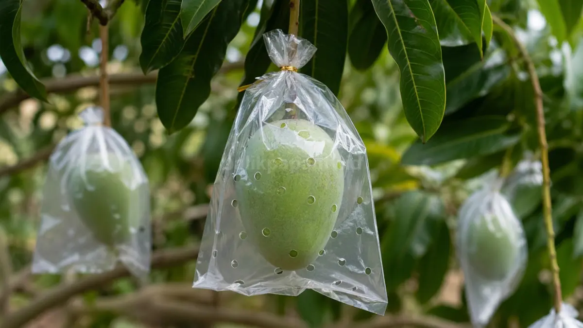 Buah mangga seukuran telur ayam terbungkus rapi dengan plastik berlubang di pohon sebagai teknik perlindungan panen. (BTV/Ai)