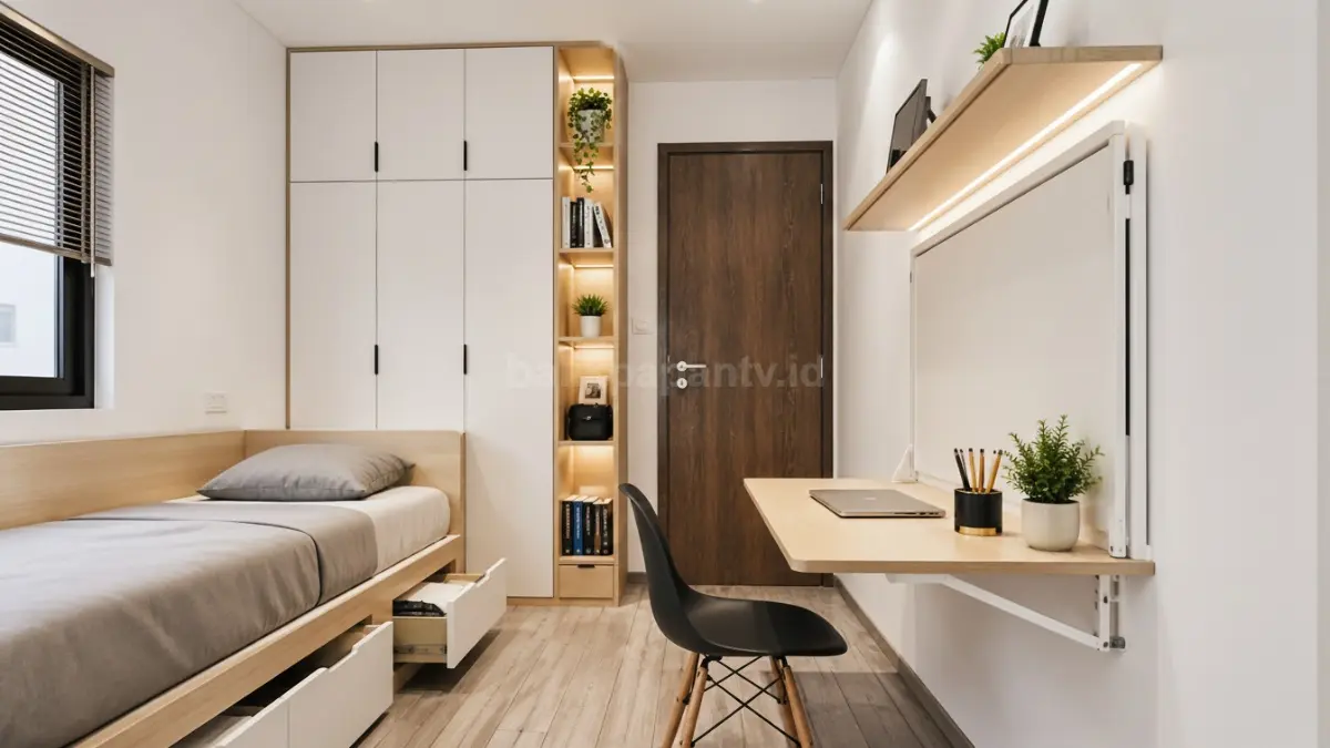 Kos sempit dengan furnitur multifungsi yang hemat ruang. (BTV/Ai)
