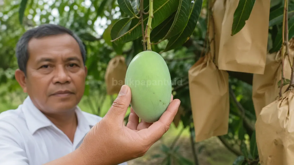 Pria menunjukkan buah mangga dengan ukuran seperti telur ayam. (BTV/Ai)