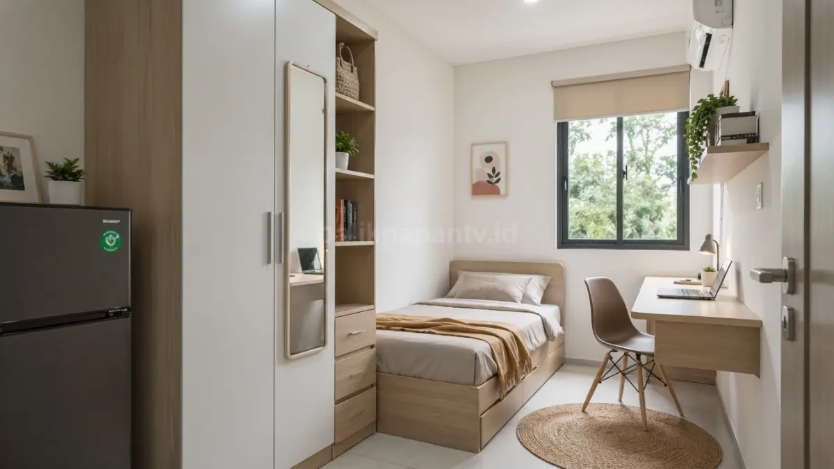 Ruang kos kecil rapi dengan furnitur multifungsi dan pencahayaan terang. (BTV/Ai)
