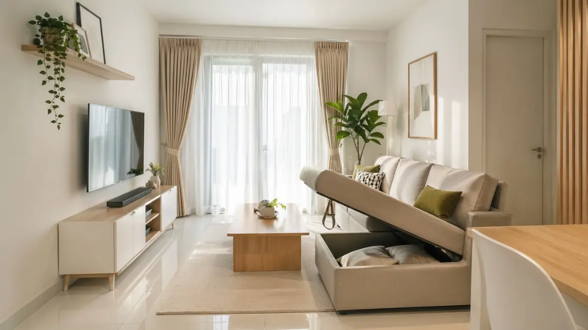 Ruang tamu rumah kecil dengan warna terang dan pencahayaan alami yang terasa luas. (BTV/Ai)