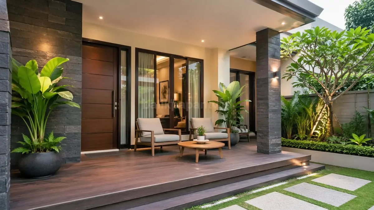 Teras rumah modern dengan kursi santai dan tanaman hijau, suasana adem dan nyaman.