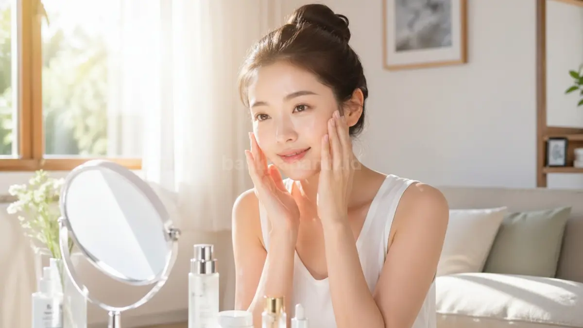 Wanita korea sedang melakukan perawatan kulit sehat glowing di rumah. (BTV/Ai)