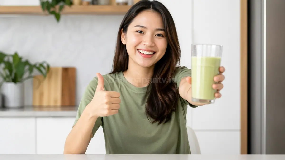 Wanita menunjukkan jus sehat yang ampuh atasi rambut rontok. (BTV/Ai)