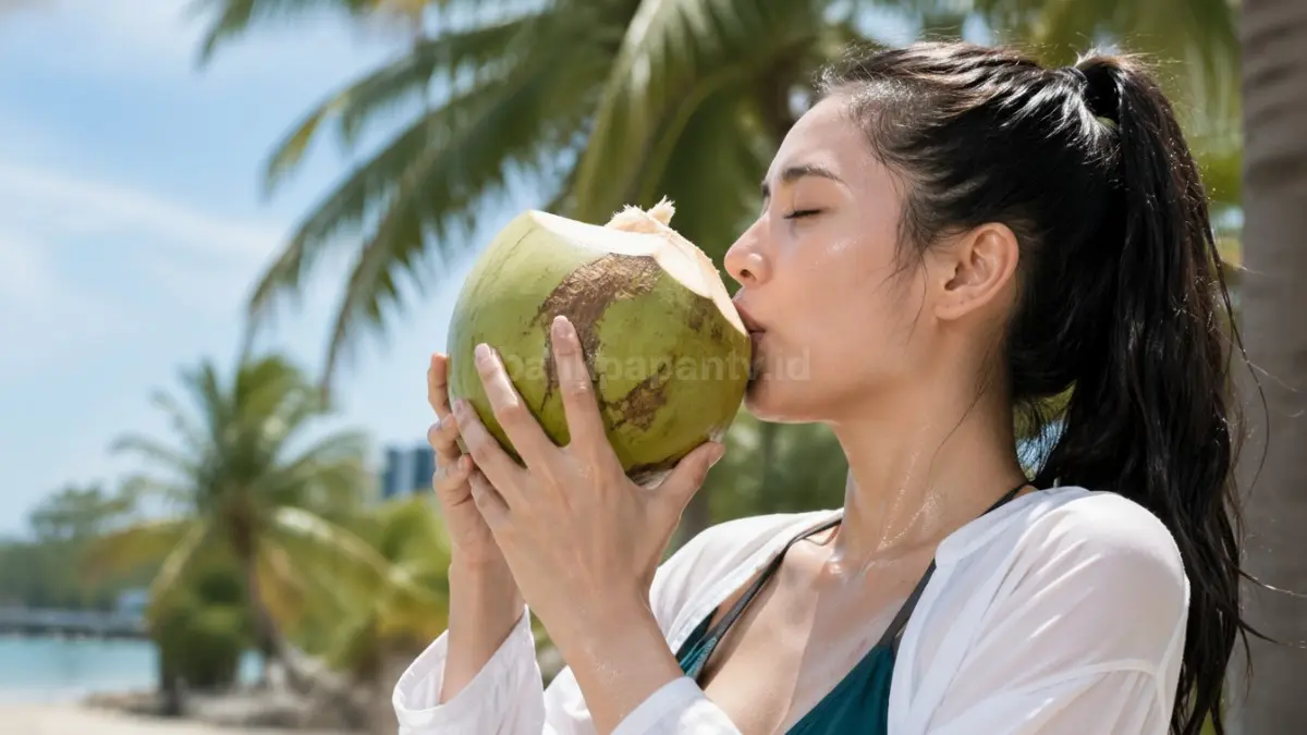 Wanita sedang minum air kelapa segar saat cuaca panas. (BTV/Ai)
