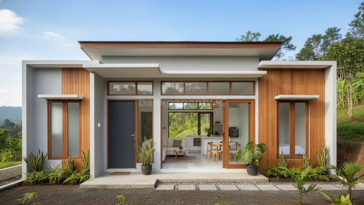 rumah 1 lantai dengan 2 kamar tidur yang menampilkan desain sederhana dan fungsional, menggambarkan ruang utama seperti ruang tamu, dapur, dan area makan yang tersusun efisien, sesuai kebutuhan keluarga muda dengan konsep hunian tipe kecil hingga menengah yang hemat biaya dan mudah dirawat.
