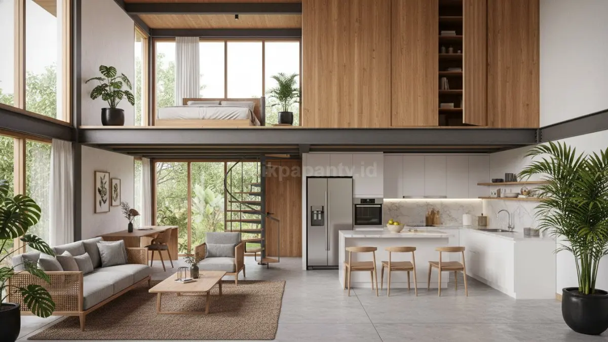 rumah dengan mezzanine full setengah bangunan, menampilkan pembagian ruang vertikal di mana lantai bawah digunakan untuk aktivitas utama seperti ruang tamu dan dapur, sementara lantai mezzanine di atas difungsikan sebagai kamar tidur dan ruang kerja, dilengkapi penyimpanan gudang tersembunyi di balik dinding panel atau lemari built-in dengan desain modern dan efisien.